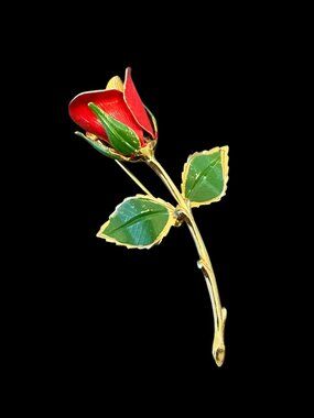 Gold Tone Red Rose Brooch Enamel Costume Jewelry Flower